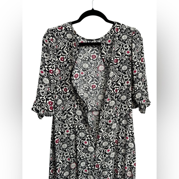 LOFT Women’s Black White Pink Floral Ruffle Cuff Midi Dress Zip Back - Size 12 - Picture 10 of 10